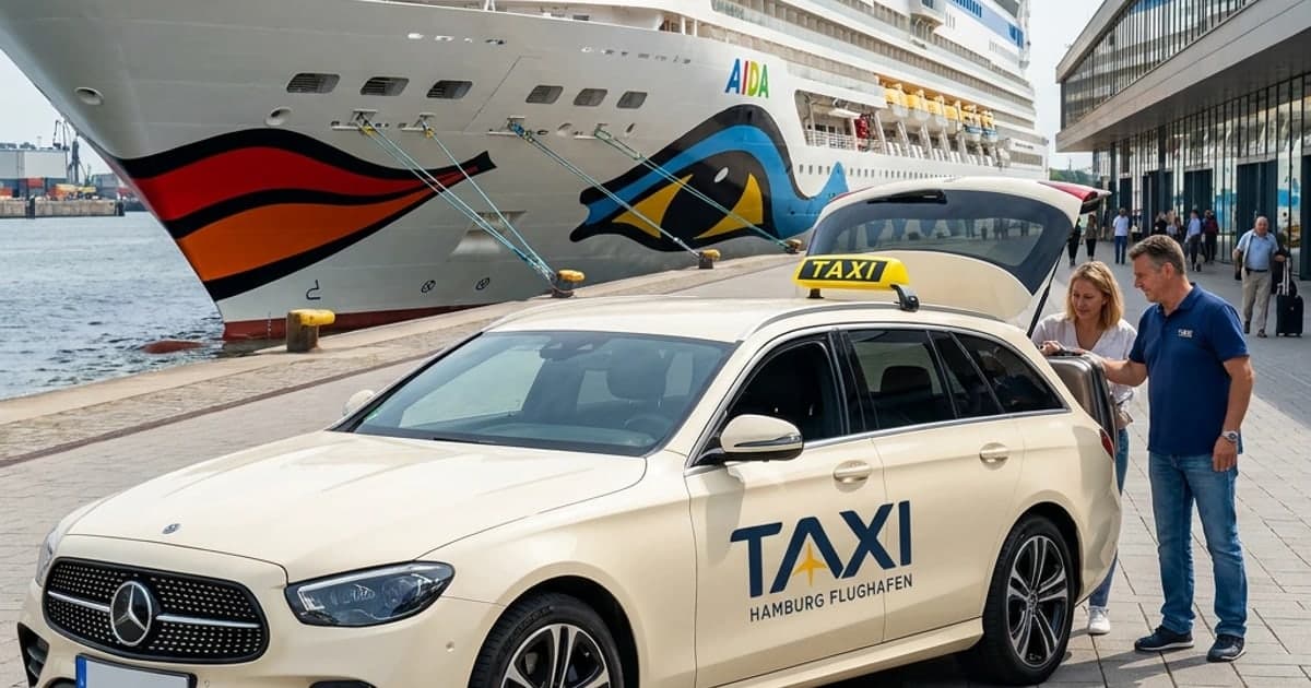 Taxi di Hamburg davanti a una nave da crociera al Cruise Center