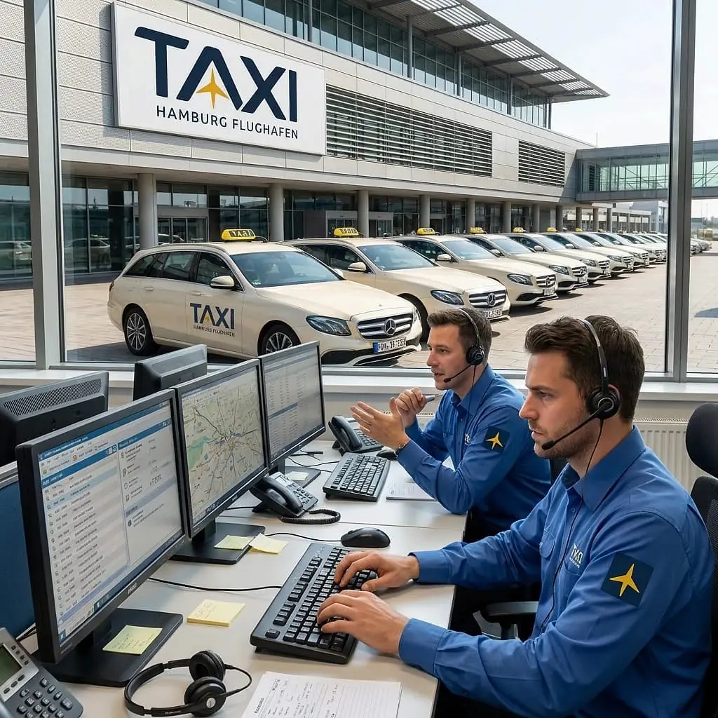 Two dispatchers with headsets in the Taxi Hamburg Flughafen control room, the line of taxis outside the hall visible through the window